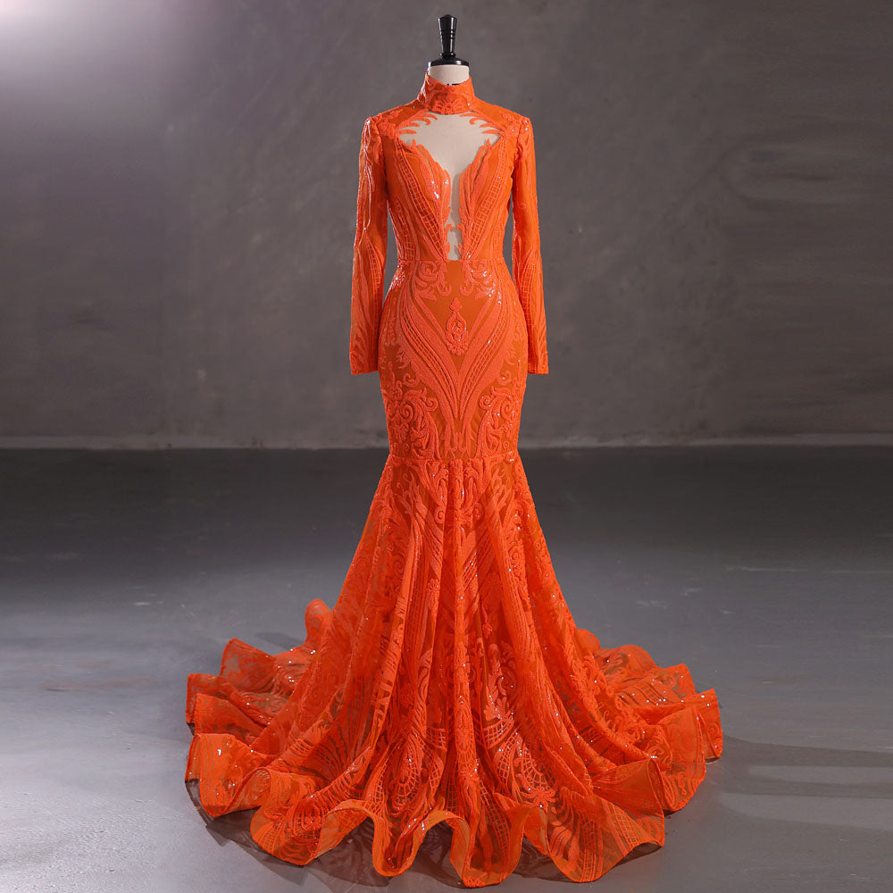 Hot Long Orange Sequins Lace Formal Evening Dress with Halter Neck EN5411
