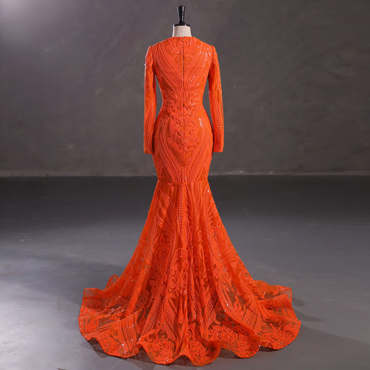 Maxi Orange Sequins Lace Mermaid Formal Evening Prom Dress EN5410