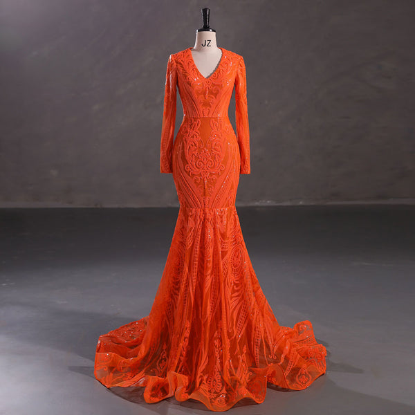 Maxi Orange Sequins Lace Mermaid Formal Evening Prom Dress EN5410