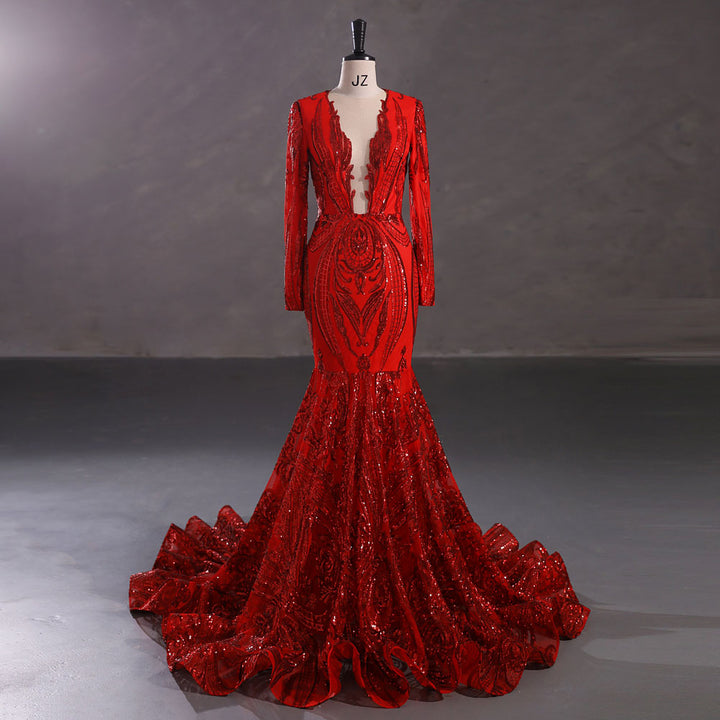 Red Long Fitted Sequins Lace Mermaid Evening Dress with Plunging Neck EN5405