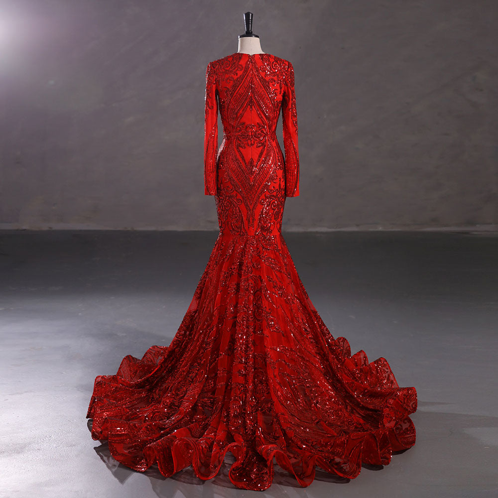 Red Long Fitted Sequins Lace Mermaid Evening Dress with Plunging Neck EN5405 Red Long Fitted Sequins Lace Mermaid Evening Dress with Plunging Neck EN5405