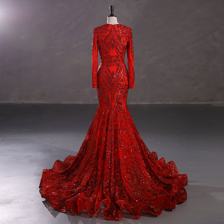 Red Long Fitted Sequins Lace Mermaid Evening Dress with Plunging Neck EN5405
