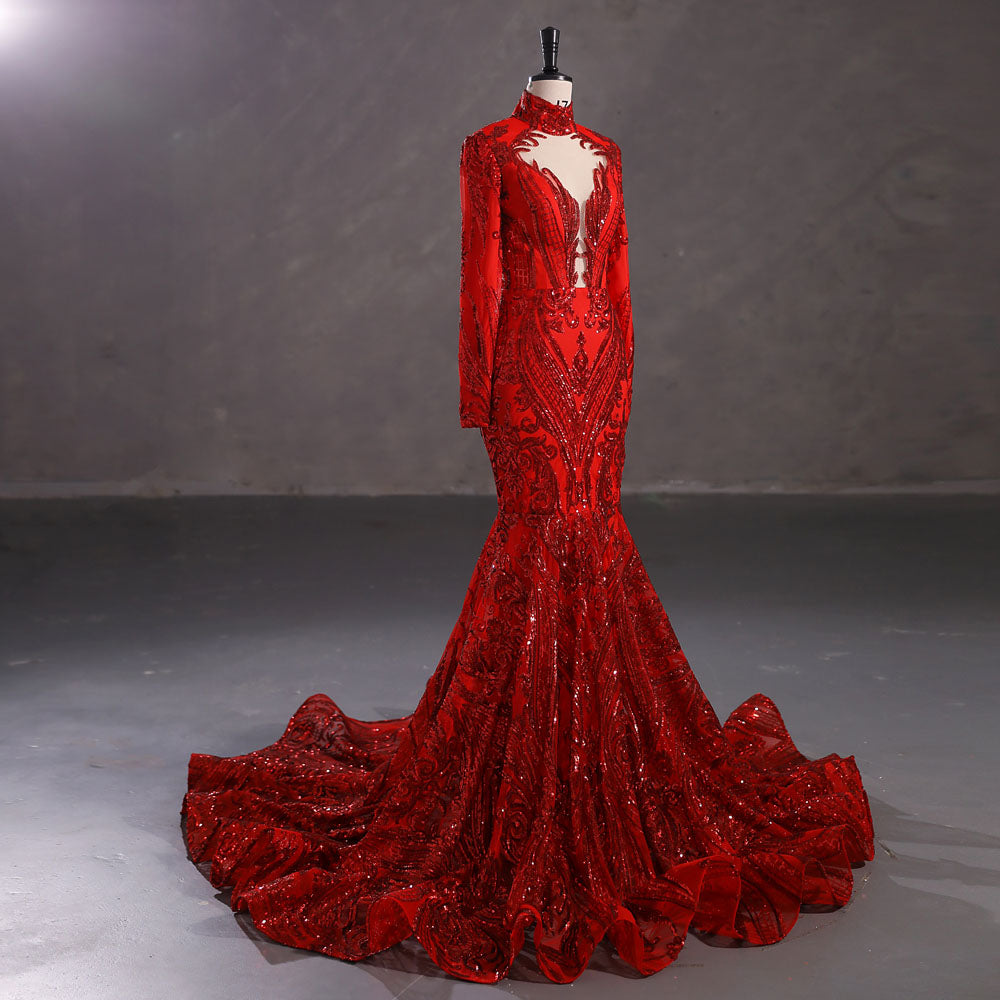 Hot Long Red Sequins Lace Formal Evening Dress with Halter Neck EN5411