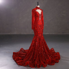 Hot Long Red Sequins Lace Formal Evening Dress with Halter Neck EN5411
