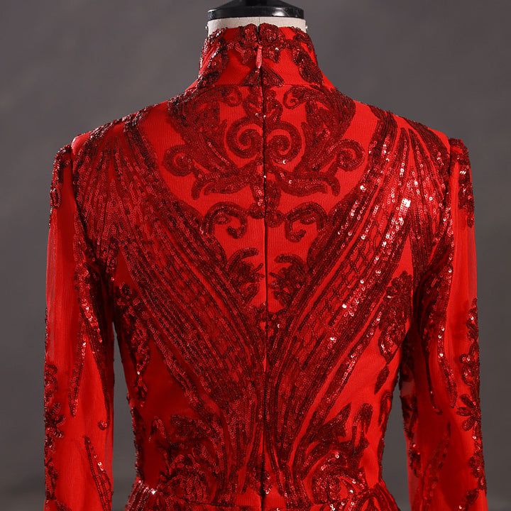 Hot Long Red Sequins Lace Formal Evening Dress with Halter Neck EN5411