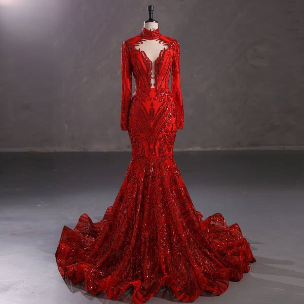 Hot Long Red Sequins Lace Formal Evening Dress with Halter Neck EN5411