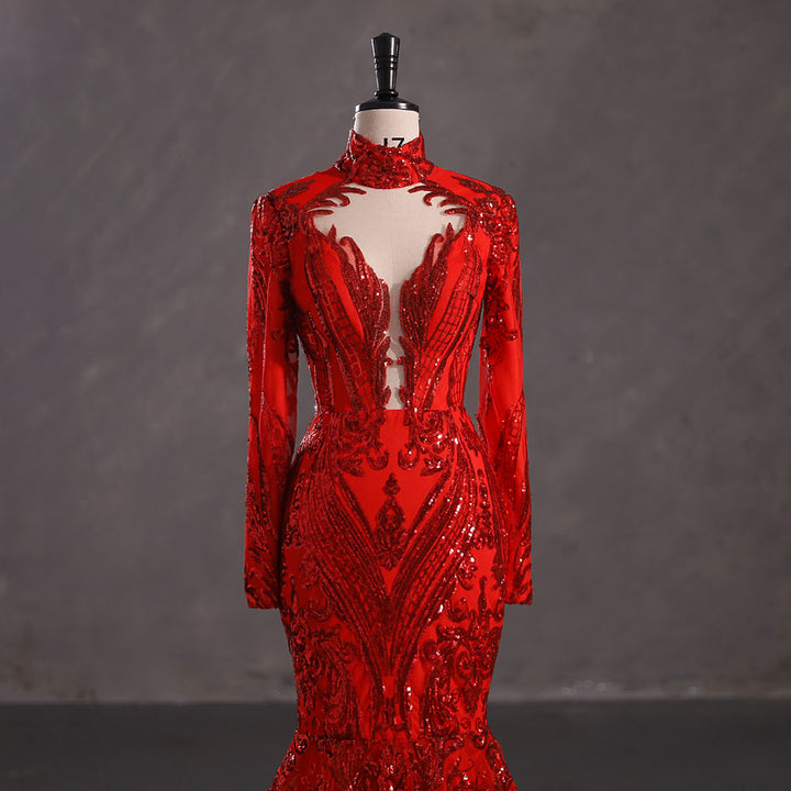 Hot Long Red Sequins Lace Formal Evening Dress with Halter Neck EN5411Hot Long Red Sequins Lace Formal Evening Dress with Halter Neck EN5411