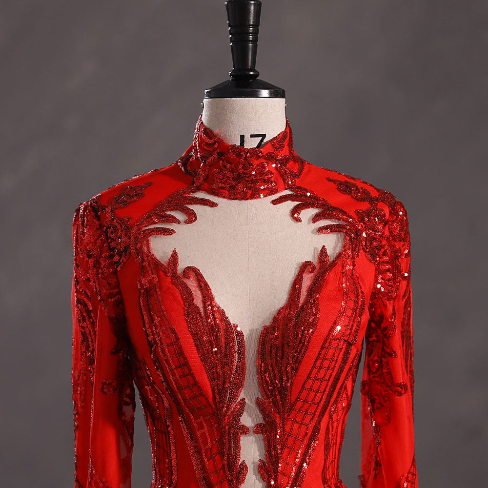 Hot Long Red Sequins Lace Formal Evening Dress with Halter Neck EN5411