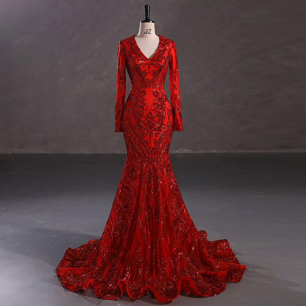 Maxi Red Sequins Lace Mermaid Formal Evening Prom Dress EN5410
