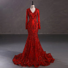Maxi Red Sequins Lace Mermaid Formal Evening Prom Dress EN5410