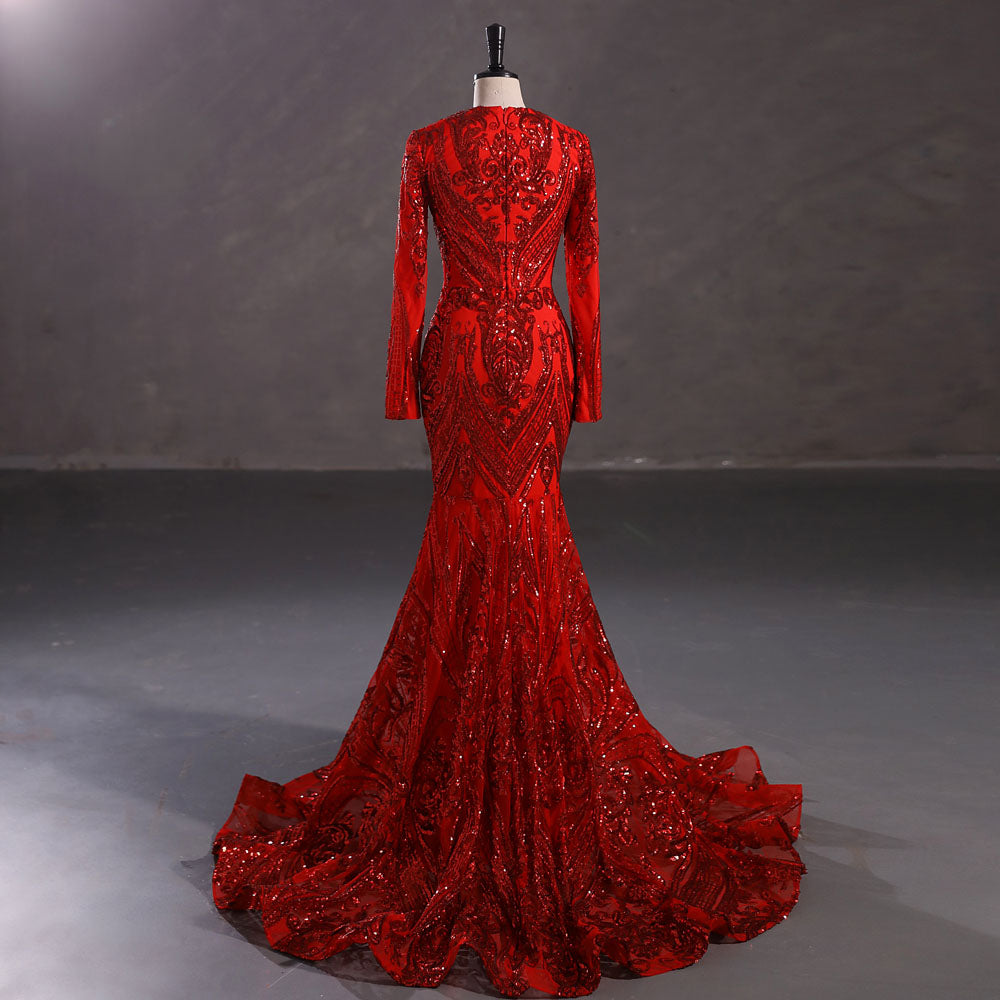 Maxi Red Sequins Lace Mermaid Formal Evening Prom Dress EN5410