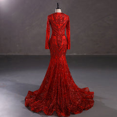 Maxi Red Sequins Lace Mermaid Formal Evening Prom Dress EN5410