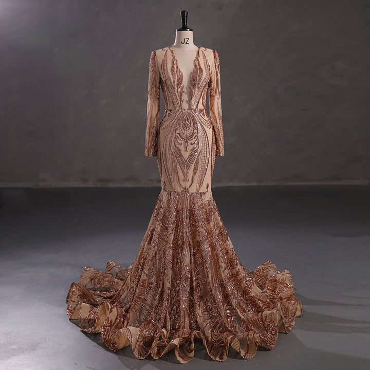 Rose Gold Long Fitted Sequins Lace Mermaid Evening Dress with Plunging Neck EN5405