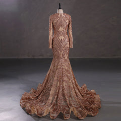 Rose Gold Long Fitted Sequins Lace Mermaid Evening Dress with Plunging Neck EN5405