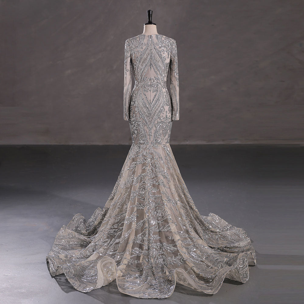 Silver Long Fitted Sequins Lace Mermaid Evening Dress with Plunging Neck EN5405