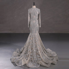 Silver Long Fitted Sequins Lace Mermaid Evening Dress with Plunging Neck EN5405