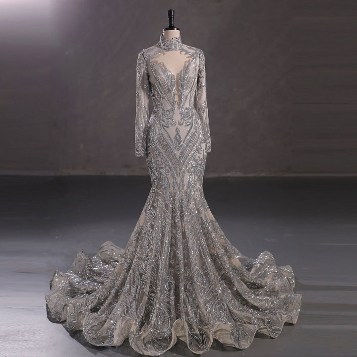 Hot Long Silver Sequins Lace Formal Evening Dress with Halter Neck EN5411