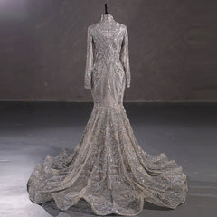 Hot Long Silver Sequins Lace Formal Evening Dress with Halter Neck EN5411