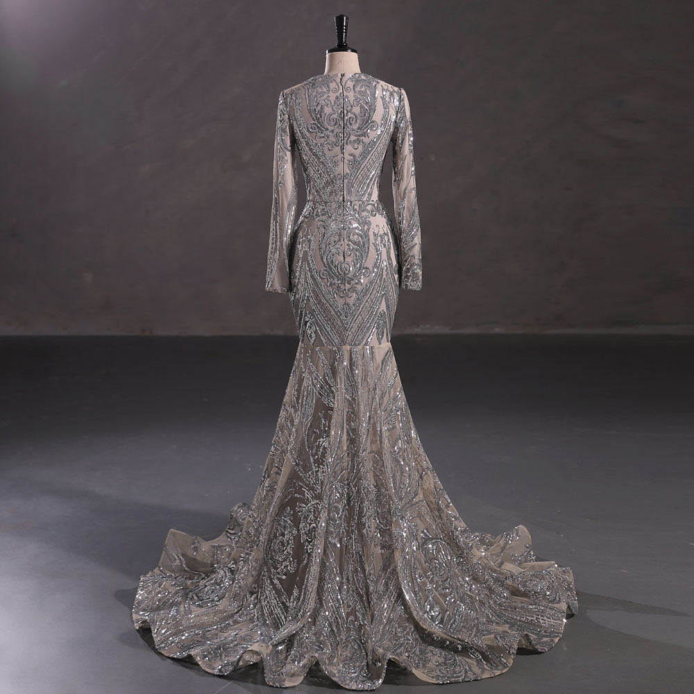 Maxi Silver Sequins Lace Mermaid Formal Evening Prom Dress EN5410