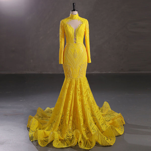 Hot Long Yellow Sequins Lace Formal Evening Dress with Halter Neck EN5411