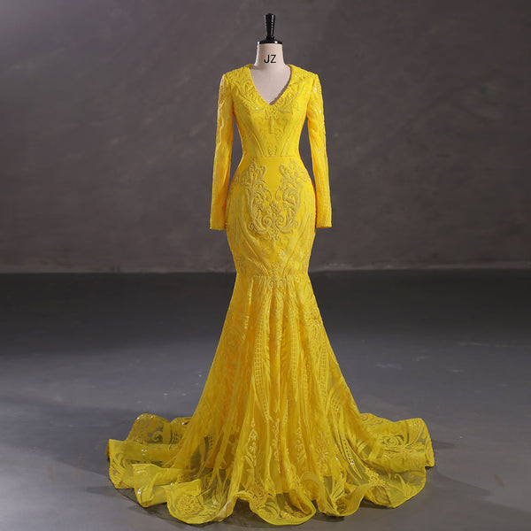 Maxi Yellow Sequins Lace Mermaid Formal Evening Prom Dress EN5410
