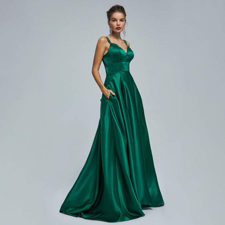 Green Maxi Satin Formal Prom Evening Dress EN5301
