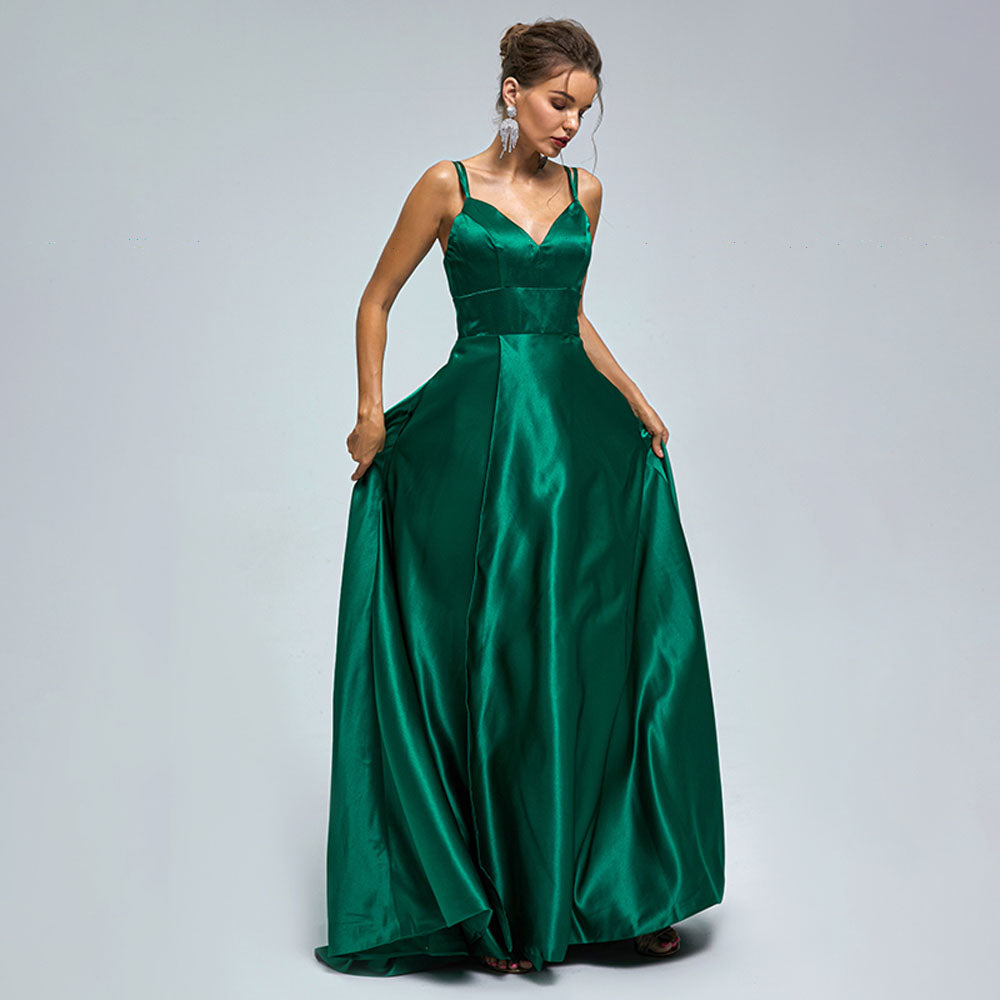 Green Maxi Satin Formal Prom Evening Dress EN5301