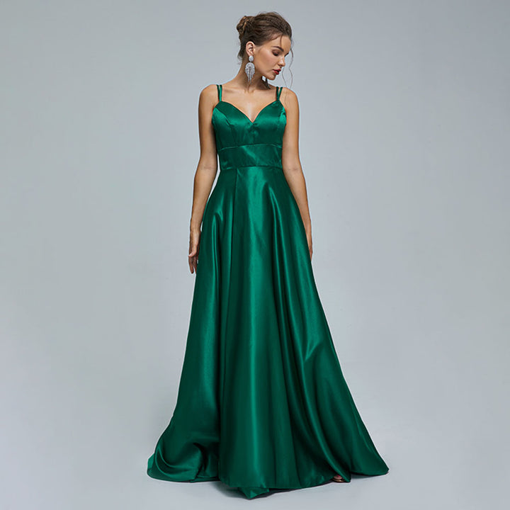 Green Maxi Satin Formal Prom Evening Dress EN5301