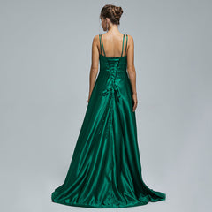 Green Maxi Satin Formal Prom Evening Dress EN5301