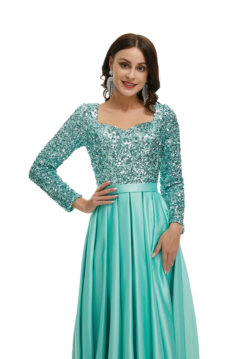 Modest Mint Green Sparkly Maxi Formal Evening Dress with Sleeves EN5005