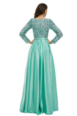 Modest Mint Green Sparkly Maxi Formal Evening Dress with Sleeves EN5005