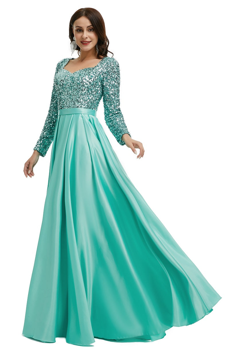 Modest Mint Green Sparkly Maxi Formal Evening Dress with Sleeves EN5005