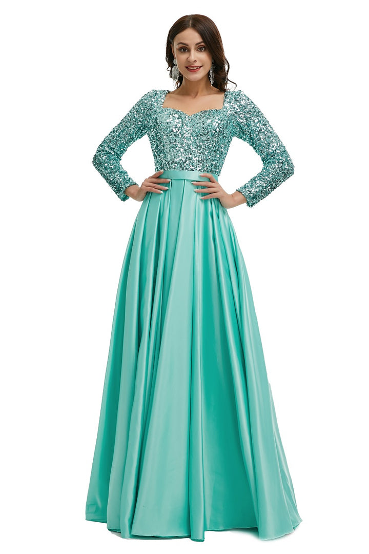 Modest Mint Green Sparkly Maxi Formal Evening Dress with Sleeves EN5005