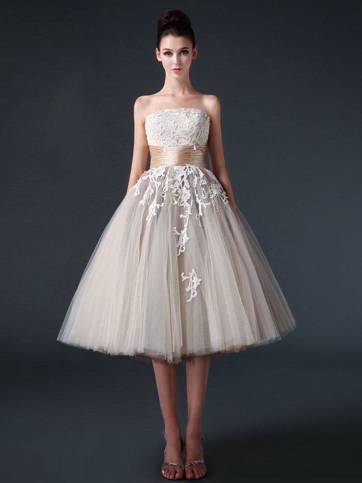 Strapless Mocha Tea Length Tulle Dress with Lace Top