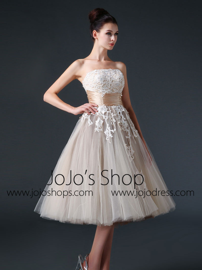 Strapless Mocha Tea Length Tulle Dress with Lace Top