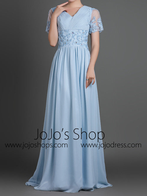 Blue Short Sleeves Chiffon Long Formal Evening Dress