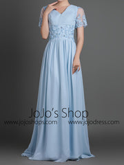 Blue Short Sleeves Chiffon Long Formal Evening Dress