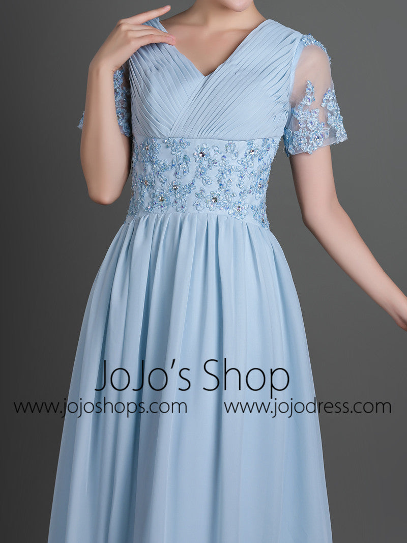 Blue Short Sleeves Chiffon Long Formal Evening Dress