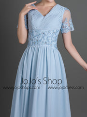 Blue Short Sleeves Chiffon Long Formal Evening Dress