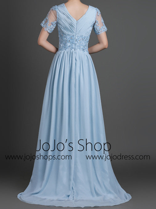 Blue Short Sleeves Chiffon Long Formal Evening Dress