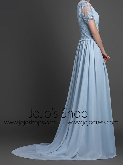 Blue Short Sleeves Chiffon Long Formal Evening Dress