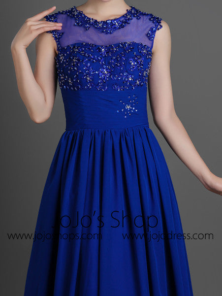 Blue Modest Lace Chiffon Full Length Formal Prom Dress