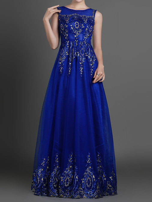 Blue Modest Lace Full Length Evening Dress