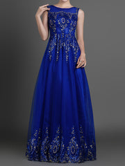 Blue Modest Lace Full Length Evening Dress