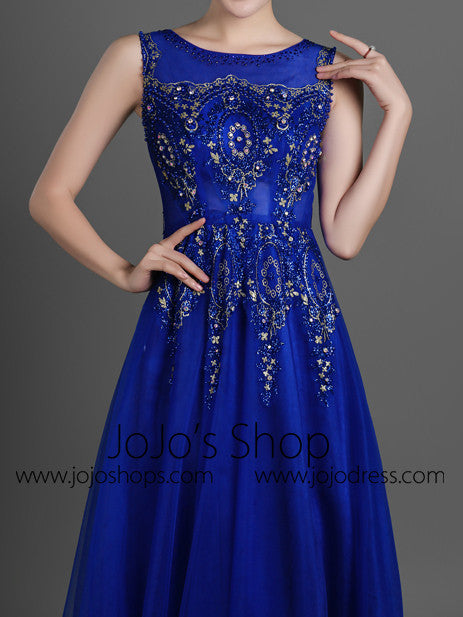 Blue Modest Lace Full Length Evening Dress