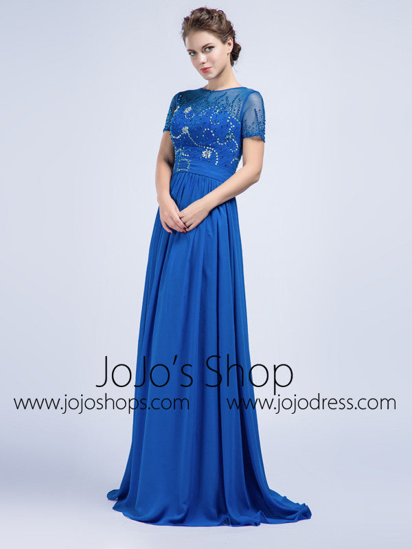 Modest Blue Chiffon Full Length Formal Prom Evening Dress