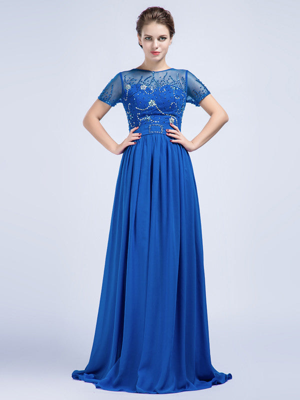 Modest Blue Chiffon Full Length Formal Prom Evening Dress