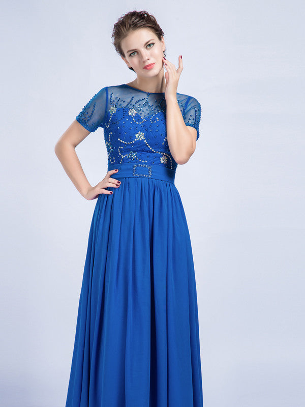 Modest Blue Chiffon Full Length Formal Prom Evening Dress