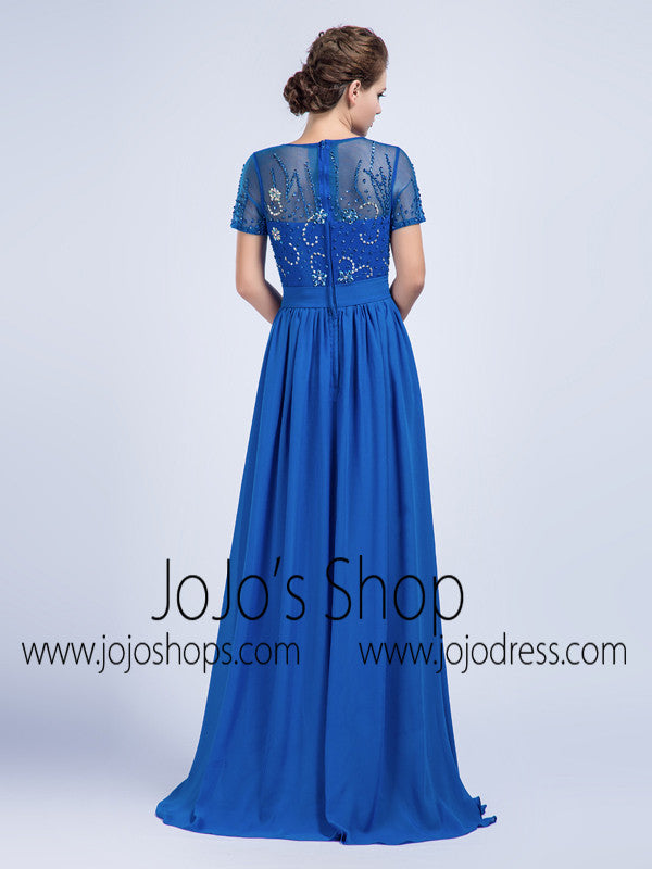 Modest Blue Chiffon Full Length Formal Prom Evening Dress