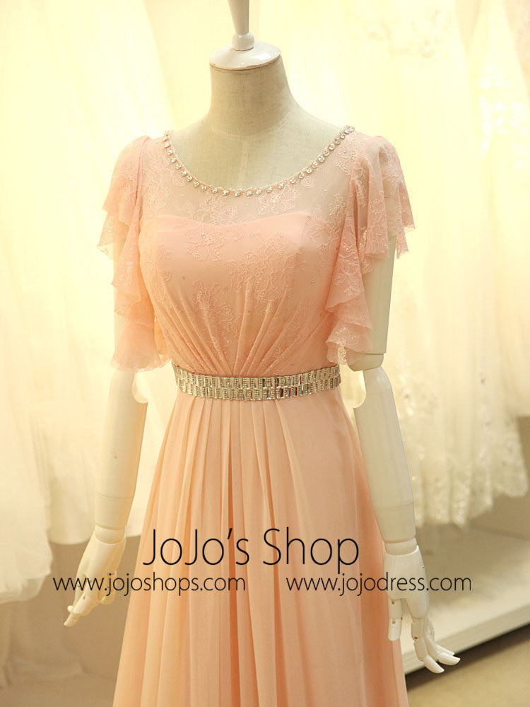 Modest Blush Pink Formal Pageant Evening Dress with Sleeves